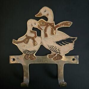 Vintage Brass Goose Double Wall Hook Hand Painted Enamel Farmhouse Decor
